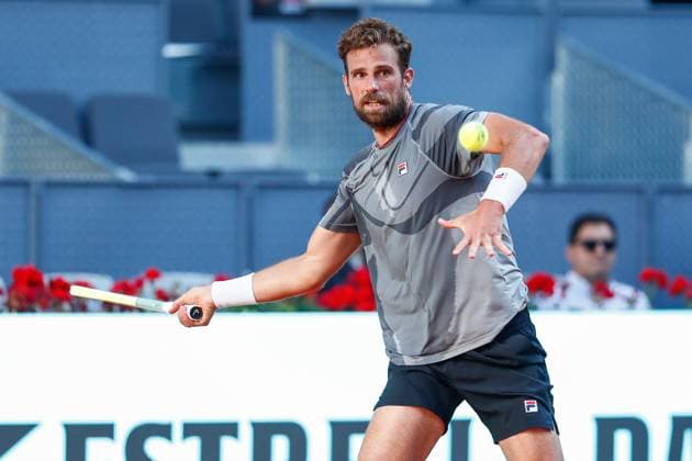 April 22, 2024, Madrid, Madrid, SPAIN: Stefano Napolitano of Italy in action against Richard Gasquet of France during the Mutua Madrid Open 2024, ATP, Tennis Herren Masters 1000 and WTA, Tennis Damen 1000, tournament celebrated at Caja Magica on April 22, 2024 in Madrid, Spain. Madrid SPAIN - ZUMAa181 20240422_zaa_a181_303 Copyright: xIrinaxR.xHipolitox