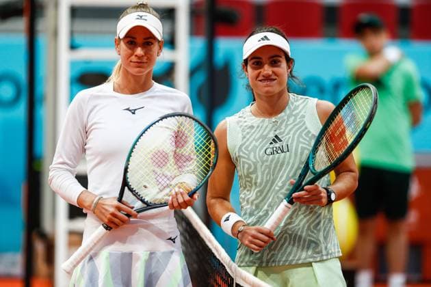 April 22, 2024, Madrid, Madrid, SPAIN: Anna Bondar of Hungary and Carlota Martinez Cirez of Spain pose for photo during the Mutua Madrid Open 2024, ATP, Tennis Herren Masters 1000 and WTA, Tennis Damen 1000, tournament celebrated at Caja Magica on April 22, 2024 in Madrid, Spain. Madrid SPAIN - ZUMAa181 20240422_zaa_a181_333 Copyright: xIrinaxR.xHipolitox