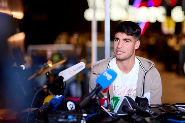 Mutua Madrid Open - Day Two Carlos Alcaraz of Spain attends to the media in a press conference, PK, Pressekonferenz during day two of the Mutua Madrid Open 2024 at Caja Magica on April 23, 2024, in Madrid, Spain. Madrid Caja Magica Madrid Spain RL_MMO24_411 Copyright: xRicardoxLarreinax