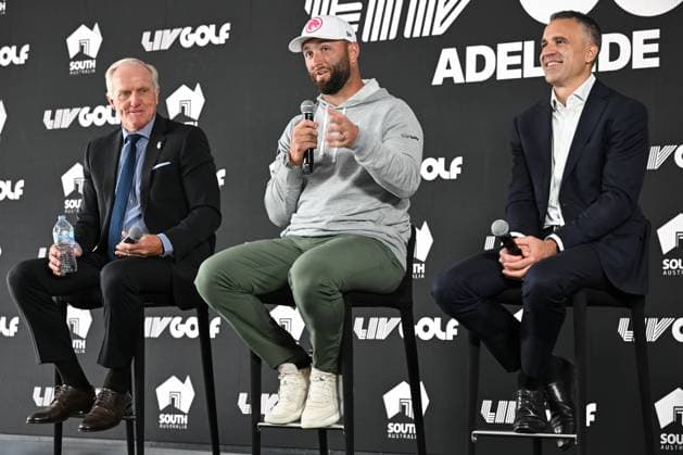 LIV GOLF PREVIEW, Legion XIII Captain Jon Rahm speaks to media with LIV Golf CEO Greg Norman (L) and South Australian Premier Peter Malinauskas (R) during a press conference, PK, Pressekonferenz at the Grange Golf Club in Adelaide, Wednesday, April 24, 2024. ( NO ARCHIVING, EDITORIAL USE ONLY, NO USE IN BOOKS WITHOUT CONSENT ADELAIDE SOUTH AUSTRALIA AUSTRALIA  Copyright: xMICHAELxERREYx 20240424001936217687