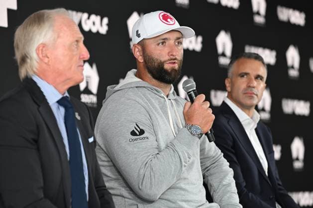 LIV GOLF PREVIEW, Legion XIII Captain Jon Rahm speaks to media flanked by LIV Golf CEO Greg Norman and South Australian Premier Peter Malinauskas during a press conference, PK, Pressekonferenz at the Grange Golf Club in Adelaide, Wednesday, April 24, 2024. ( NO ARCHIVING, EDITORIAL USE ONLY, NO USE IN BOOKS WITHOUT CONSENT ADELAIDE SOUTH AUSTRALIA AUSTRALIA  Copyright: xMICHAELxERREYx 20240424001936217786