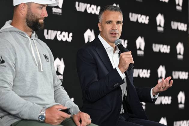 LIV GOLF PREVIEW, South Australian Premier Peter Malinauskas speaks to media flanked by Legion XIII Captain Jon Rahm during a press conference, PK, Pressekonferenz at the Grange Golf Club in Adelaide, Wednesday, April 24, 2024. ( NO ARCHIVING, EDITORIAL USE ONLY, NO USE IN BOOKS WITHOUT CONSENT ADELAIDE SOUTH AUSTRALIA AUSTRALIA  Copyright: xMICHAELxERREYx 20240424001936217821