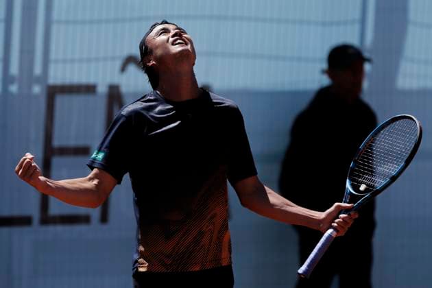 MADRID, SPAIN - APRIL 24: Taro Daniel of Japon celebrates during their match against Aleksandar Vukic on Day 3 of the Mutua Madrid Open at Caja Magica Stadium in Madrid. ONLYxEDITORIALxUSAGE  (251128192)