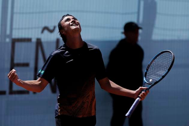 MADRID, SPAIN - APRIL 24: Taro Daniel of Japon celebrates during their match against Aleksandar Vukic on Day 3 of the Mutua Madrid Open at Caja Magica Stadium in Madrid. ONLYxEDITORIALxUSAGE  (251128195)