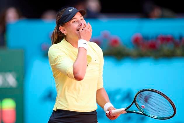 Mutua Madrid Open - Day Three Victoria Jimenez Kasintseva of Andorra reacts after winning the match against Lin Zhu of China during day three of the Mutua Madrid Open 2024 at Caja Magica on April 24, 2024, in Madrid, Spain. Madrid Caja Magica Madrid Spain RL_MMO24_735 Copyright: xRicardoxLarreinax