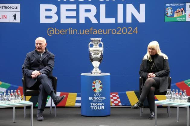 DEU, EM, EM Cup presentation, 24 04 2024, Berlin Olympic Stadium, Berlin, DEU, EM, EM Cup presentation, in the picture Nancy Faeser Federal Minister of the Interior and for Homeland Kai Wegner Governing Mayor of Berlin Iris Spranger Senator for the Interior and Sport Philipp Lahm Tournament Director EURO 2024 Kevin Prince Boateng Ambassador of the Host City Berlin Photo Juergen Engler nordphoto GmbH nordphotoxGmbHx xEngler nph00076