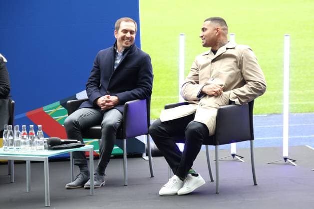 DEU, EM, EM Cup presentation, 24 04 2024, Berlin Olympic Stadium, Berlin, DEU, EM, EM Cup presentation, in the picture Nancy Faeser Federal Minister of the Interior and for Homeland Kai Wegner Governing Mayor of Berlin Iris Spranger Senator for the Interior and Sport Philipp Lahm Tournament Director EURO 2024 Kevin Prince Boateng Ambassador of the Host City Berlin Photo Juergen Engler nordphoto GmbH nordphotoxGmbHx xEngler nph00076