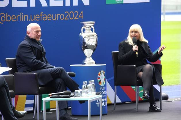 DEU, EM, EM Cup presentation, 24 04 2024, Berlin Olympic Stadium, Berlin, DEU, EM, EM Cup presentation, in the picture Nancy Faeser Federal Minister of the Interior and for Homeland Kai Wegner Governing Mayor of Berlin Iris Spranger Senator for the Interior and Sport Philipp Lahm Tournament Director EURO 2024 Kevin Prince Boateng Ambassador of the Host City Berlin Photo Juergen Engler nordphoto GmbH nordphotoxGmbHx xEngler nph00076