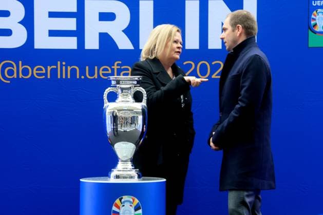 DEU, EM, EM Cup presentation, 24 04 2024, Berlin Olympic Stadium, Berlin, DEU, EM, EM Cup presentation, in the picture Nancy Faeser Federal Minister of the Interior and for Homeland Kai Wegner Governing Mayor of Berlin Iris Spranger Senator for the Interior and Sport Philipp Lahm Tournament Director EURO 2024 Kevin Prince Boateng Ambassador of the Host City Berlin Photo Juergen Engler nordphoto GmbH nordphotoxGmbHx xEngler nph00076
