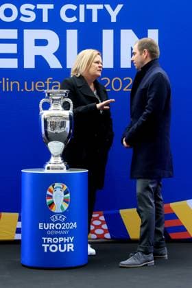 DEU, EM, EM Cup presentation, 24 04 2024, Berlin Olympic Stadium, Berlin, DEU, EM, EM Cup presentation, in the picture Nancy Faeser Federal Minister of the Interior and for Homeland Kai Wegner Governing Mayor of Berlin Iris Spranger Senator for the Interior and Sport Philipp Lahm Tournament Director EURO 2024 Kevin Prince Boateng Ambassador of the Host City Berlin Photo Juergen Engler nordphoto GmbH nordphotoxGmbHx xEngler nph00076