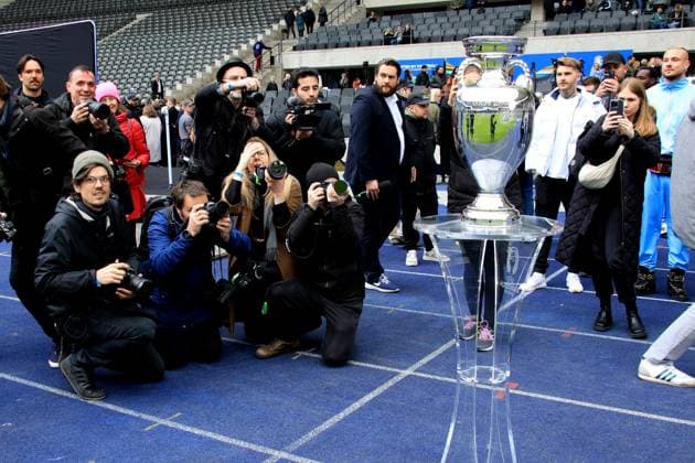 DEU, EM, EM Cup presentation, 24 04 2024, Berlin Olympic Stadium, Berlin, DEU, EM, EM Cup presentation, in the picture Nancy Faeser Federal Minister of the Interior and for Homeland Kai Wegner Governing Mayor of Berlin Iris Spranger Senator for the Interior and Sport Philipp Lahm Tournament Director EURO 2024 Kevin Prince Boateng Ambassador of the Host City Berlin Photo Juergen Engler nordphoto GmbH nordphotoxGmbHx xEngler nph00076