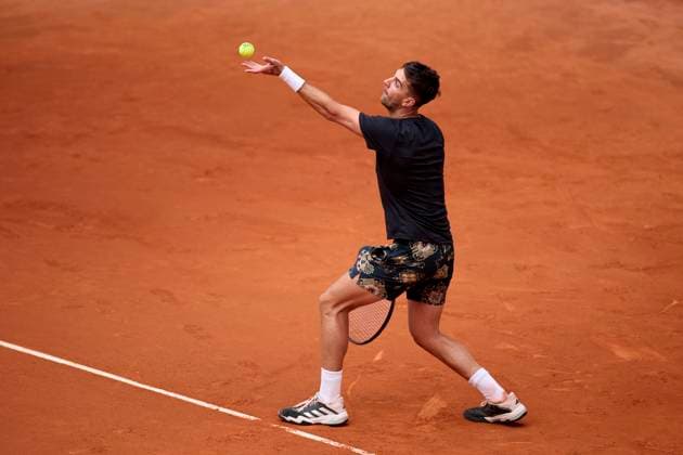 Mutua Madrid Open - Day Three Thanasi Kokkinakis of Australia serves against Jack Draper of Great Britain during day three of the Mutua Madrid Open 2024 at Caja Magica on April 24, 2024, in Madrid, Spain. Madrid Caja Magica Madrid Spain RL_MMO24_00250 Copyright: xRicardoxLarreinax