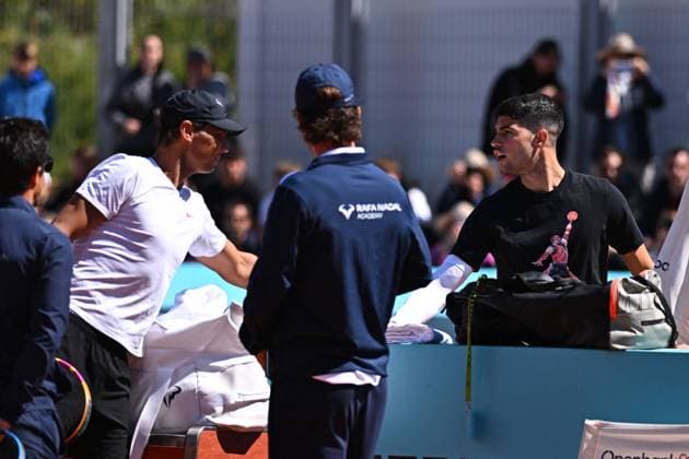 Mutua Madrid Open Rafael Nadal (ESP) during practice with Carlos Alcaraz (ESP) at the Mutua Madrid Open in Madrid, Spain, on April 24, 2024. Photo by Corinne Dubreuil ABACAPRESS.COM Madrid Spain  Copyright: xDubreuilxCorinne ABACAx