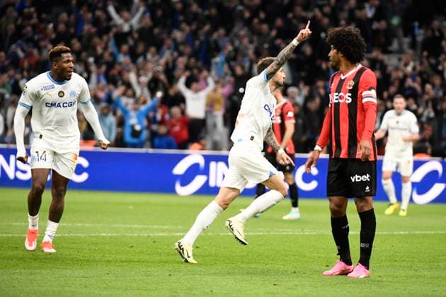 Celebration but Jonathan CLAUS (OM) lors du match Olympique de Marseille vs. OGC Nice pour la J29 de la Ligue 1 Uber Eats au Stade VÃ lodrome, le 24 avril 2024. FOOTBALL : Olympique de Marseille vs. OGC Nice - Ligue 1 Uber Eats - 24 04 2024 ValentinaClaret Panoramic 