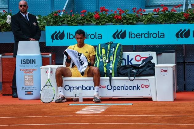 Felix Auger-Aliassime Vs Yoshihito Nishioka during he Mutua Madrid Open in Madrid, Spain - 25 Apr 2024 Felix Auger-Aliassime of Canada seen during the Mutua Madrid Open 2024 tournament Day four against Yoshihito Nishioka of Japan at La Caja Magica. Felix Won 2-1 Usera Spain Copyright: xMiguelxReisx xSOPAxImagesx Mutua Madrid Open MR -8682