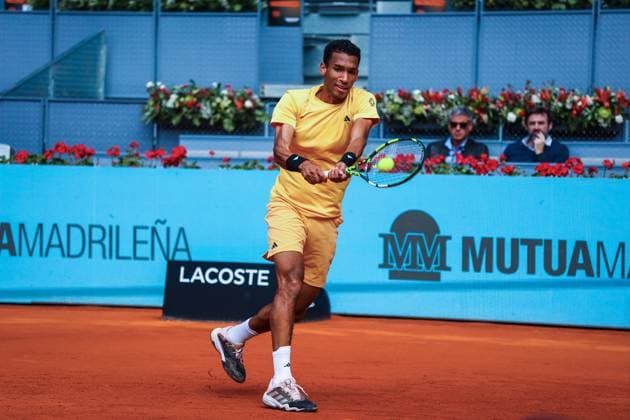 Felix Auger-Aliassime Vs Yoshihito Nishioka during he Mutua Madrid Open in Madrid, Spain - 25 Apr 2024 Felix Auger-Aliassime of Canada plays against Yoshihito Nishioka of Japan (Not in view) on Day Four of the Mutua Madrid Open 2024 tournament at La Caja Magica. Felix Won 2-1 Usera Spain Copyright: xMiguelxReisx xSOPAxImagesx Mutua Madrid Open MR -8694
