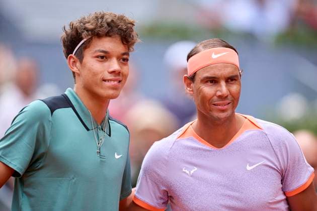 Mutua Madrid Open - Day Four Rafael Nadal of Spain and Darwin Blanch of United States looks on to the photographers during day four of the Mutua Madrid Open 2024 at Caja Magica on April 25, 2024, in Madrid, Spain. Madrid Caja Magica Madrid Spain RL_MMO24_01127 Copyright: xRicardoxLarreinax