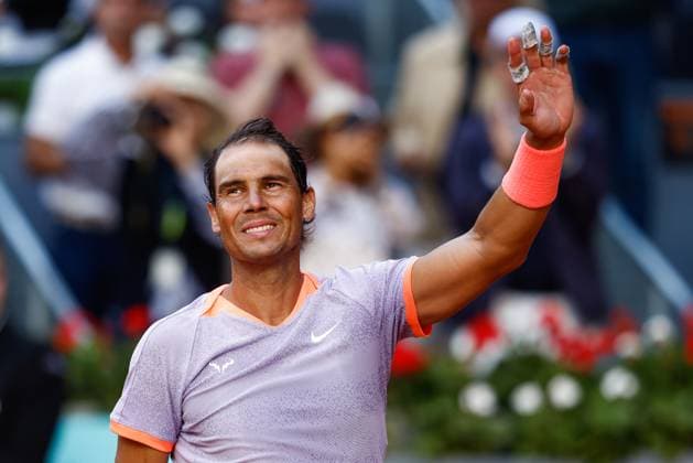 April 25, 2024, Madrid, Madrid, SPAIN: Rafael Nadal of Spain celebrates after winning against Darwin Blanch of USA during the Mutua Madrid Open 2024, ATP, Tennis Herren Masters 1000 and WTA, Tennis Damen 1000, tournament celebrated at Caja Magica on April 25, 2024 in Madrid, Spain. Madrid SPAIN - ZUMAa181 20240425_zaa_a181_067 Copyright: xIrinaxR.xHipolitox