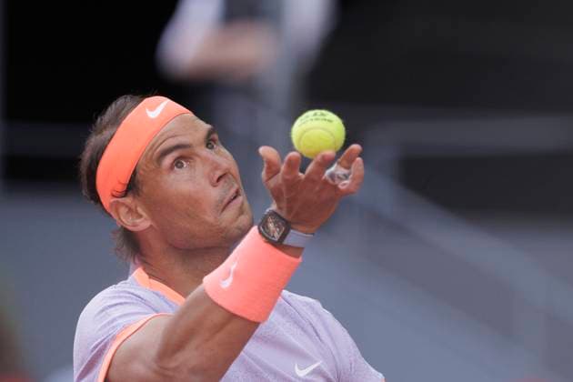 MADRID, SPAIN - APRIL 25:Rafael Nadal returns a shot against Darwin Blanch during their match on Day 4 of the Mutua Madrid Open at Caja Magica Stadium in Madrid. ONLYxEDITORIALxUSAGE  (251252056)