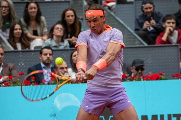 Rafael Nadal Vs Darwin Blanch in Madrid, Spain - 25 Apr 2024 Rafael Nadal of Spain plays against Darwin Blanch of the United States (not pictured) during the Mutua Madrid Open. Nadal comfortably defeats the very young Blanch in his debut in Madrid. The Mallorcan won 6-1, 6-0 in a comfortable match with clear dominance at all times. Madrid Spain Copyright: xDavidxCanalesx xSOPAxImagesx dcNAdalDarwinOpenMadrid240425-07
