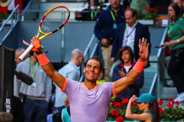 April 25, 2024, Usera, Madrid, Spain: Rafael Nadal of Spain waves on Day Four of the Mutua Madrid Open 2024 tournament at La Caja Magica. Usera Spain - ZUMAs197 20240425_aaa_s197_326 Copyright: xMiguelxReisx