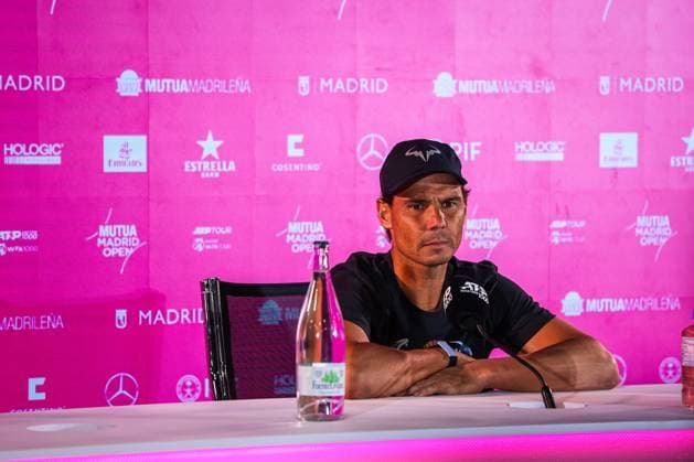 April 25, 2024, Usera, Madrid, Spain: Rafael Nadal of Spain speaks at a press conference, PK, Pressekonferenz after playing against Darwin Blanch of the USA on Day Four of the Mutua Madrid Open 2024 tournament at La Caja Magica. Usera Spain - ZUMAs197 20240425_aaa_s197_327 Copyright: xMiguelxReisx