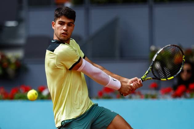 April 26, 2024, Madrid, Madrid, SPAIN: Carlos Alcaraz of Spain in action against Alexander Shevchenko of Kazakhstan during the Mutua Madrid Open 2024, ATP, Tennis Herren Masters 1000 and WTA, Tennis Damen 1000, tournament celebrated at Caja Magica on April 26, 2024 in Madrid, Spain. Madrid SPAIN - ZUMAa181 20240426_zaa_a181_022 Copyright: xIrinaxR.xHipolitox