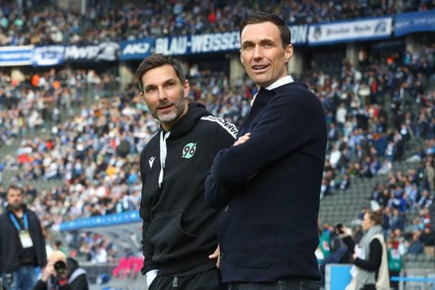 26 04 2024, xtgx, Fußball 2 Bundesliga, Hertha BSC Berlin Hannover 96 emspor, v l Stefan Leitl Hannover, Trainer , Marcus Mann Hannover, Sportdirektor DFL DFB REGULATIONS PROHIBIT ANY USE OF PHOTOGRAPHS as IMAGE SEQUENCES and or QUASI VIDEO Berlin