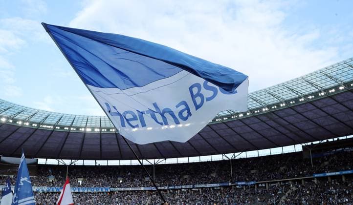 Hertha flag flies at the Olympiastadion Sports venue overview Sports Football Soccer DFL 2 Bundesliga Men 31 Matchday Season 2023 2024 26 04 2024 Hertha BSC Berlin vs Hannover 96 DFL regulations prohibit any use of photographs as image sequences and or quasi video