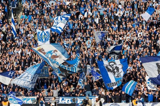 Berlin, 26 04 2024, Soccer, 2 Bundesliga, Matchday 31, Hertha BSC Hannover 96, Olympiastadion Fans of Hertha BSC cheer on their team with flags DFL regulations and DFB regulations prohibit any use of photographs as image sequences and or quasi video, Foto Andreas Gora Hertha BSC Hannover 96