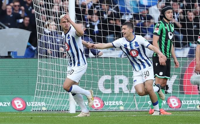Marc Oliver Kempf celebrates after 1 0 with Ibrahim Maza Sport Football Soccer DFL 2 Bundesliga Men 31 Matchday Season 2023 2024 26 04 2024 Hertha BSC Berlin vs Hannover 96 DFL regulations prohibit any use of photographs as image sequences and or quasi video
