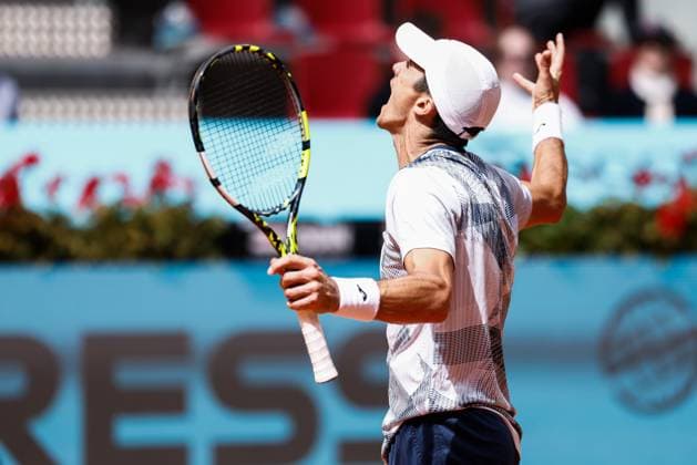 April 26, 2024, Madrid, Madrid, SPAIN: Facundo Bagnis of Argentina gestures against Andrey Rublev of Russia during the Mutua Madrid Open 2024, ATP, Tennis Herren Masters 1000 and WTA, Tennis Damen 1000, tournament celebrated at Caja Magica on April 26, 2024 in Madrid, Spain. Madrid SPAIN - ZUMAa181 20240426_zaa_a181_034 Copyright: xIrinaxR.xHipolitox