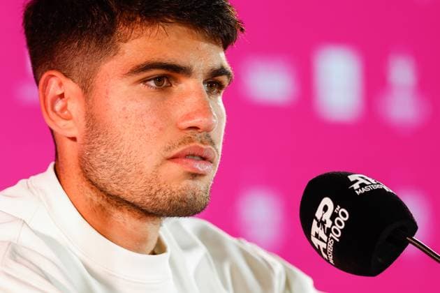 April 26, 2024, Madrid, Madrid, SPAIN: Carlos Alcaraz of Spain attends the media during his press conference, PK, Pressekonferenz during the Mutua Madrid Open 2024, ATP, Tennis Herren Masters 1000 and WTA, Tennis Damen 1000, tournament celebrated at Caja Magica on April 26, 2024 in Madrid, Spain. Madrid SPAIN - ZUMAa181 20240426_zaa_a181_050 Copyright: xIrinaxR.xHipolitox