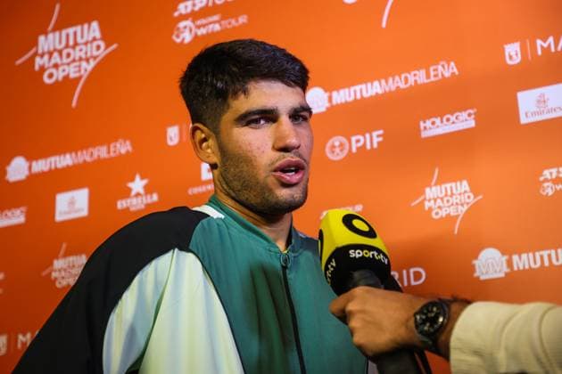 Carlos Alcaraz Post-Match in Madrid, Spain - 26 Apr 2024 Carlos Alcaraz of Spain is being interviewed after defeating Alexander Shevchenko of Kazakhstan on Day Five of the Mutua Madrid Open 2024 tournament at La Caja Magica. Usera Spain Copyright: xMiguelxReisx xSOPAxImagesx Mutua Madrid Open MR -2499