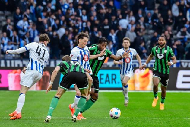 Soccer 2 Bundesliga, Hertha BSC Hannover 96 26 04 2024,xdanx,Soccer 2 Bundesliga, Hertha BSC Hannover 96, v l Pascal Klemens Hertha BSC 41 ,Max Christiansen Hannover 96 13 ,Fabian Reese Hertha BSC 11 ,Bright Arrey Mbi Hannover 96 4 ,duel, duel, fight, tackle DFL DFB REGULATIONS PROHIBIT ANY USE OF PHOTOGRAPHS as IMAGE SEQUENCES and or QUASI VIDEO Photo Daniel Lakomski Berlin Olympiastadion Berlin Berlin Germany EN Copyright: xDanielxLakomskix