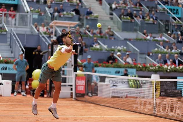 April 26, 2024, Madrid, Spain: Carlos Alcaraz plays against Alexander Shevchenko (not pictured) during their match on Day 5 of the Mutua Madrid Open at Caja Magica Stadium. Carlos Alcaraz won 6-2 , 6-1 Madrid Spain - ZUMAs197 20240426_aaa_s197_086 Copyright: xGuillermoxMartinezx