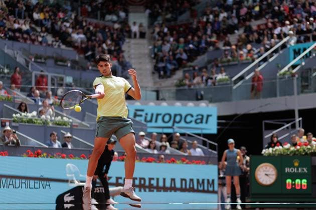 April 26, 2024, Madrid, Spain: Carlos Alcaraz celebrates a point against Alexander Shevchenko (not pictured) during their match on Day 5 of the Mutua Madrid Open at Caja Magica Stadium. Carlos Alcaraz won 6-2 , 6-1 Madrid Spain - ZUMAs197 20240426_aaa_s197_088 Copyright: xGuillermoxMartinezx