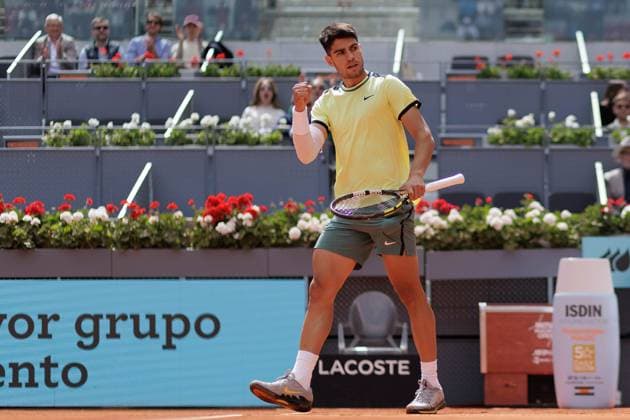 April 26, 2024, Madrid, Spain: Carlos Alcaraz celebrates a point against Alexander Shevchenko (not pictured) during their match on Day 5 of the Mutua Madrid Open at Caja Magica Stadium. Carlos Alcaraz won 6-2 , 6-1 Madrid Spain - ZUMAs197 20240426_aaa_s197_091 Copyright: xGuillermoxMartinezx