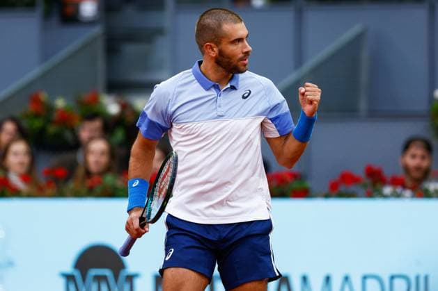 April 26, 2024, Madrid, Madrid, SPAIN: Borna Coric of Croatia celebrates a point against Alexander Zverev of Germany during the Mutua Madrid Open 2024, ATP, Tennis Herren Masters 1000 and WTA, Tennis Damen 1000, tournament celebrated at Caja Magica on April 26, 2024 in Madrid, Spain. Madrid SPAIN - ZUMAa181 20240426_zaa_a181_076 Copyright: xIrinaxR.xHipolitox