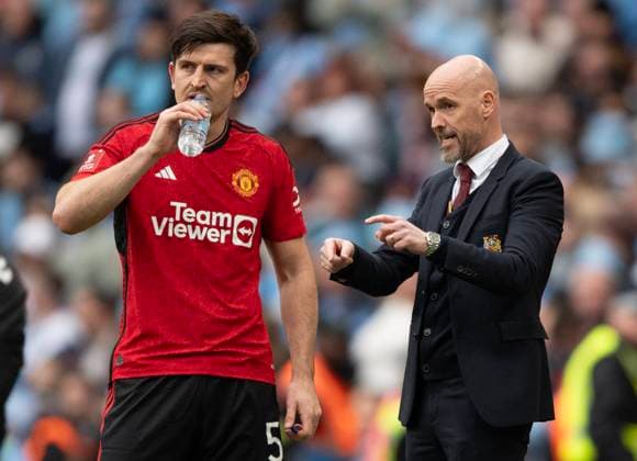 Coventry City v Manchester United, ManU - Emirates FA Cup Semi Final LONDON, ENGLAND - APRIL 21: Harry Maguire of Manchester United is spoken to by manager Erik ten Hag during the Emirates FA Cup Semi Final match between Coventry City and Manchester United at Wembley Stadium on April 21, 2024 in London, England. London Wembley Stadium England United Kingdom Copyright: xVisionhausx 776131836