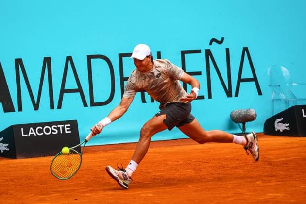 April 26, 2024, Madrid, Spain: Luciano Darderi of Italy plays against Taylor Fritz of the USA on Day Five of the Mutua Madrid Open 2024 tournament at La Caja Magica. Taylor Fritz won against Luciano Darderi 7-6, 6-4 Madrid Spain - ZUMAs197 20240426_aaa_s197_194 Copyright: xMiguelxReisx