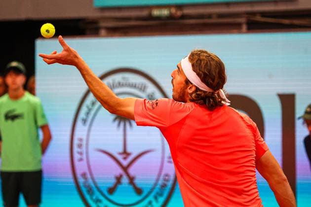 Mutua Madrid Open 2024: Thiago Monteiro Vs Stefanos Tsitsipas in Spain - 27 Apr 2024 Stefanos Tsisipas of Greece plays against Thiago Monteiro ( not picture ) of Brazil on Day Six of the Mutua Madrid Open 2024 tournament at La Caja Magica. Final score; Thiago Monteiro 2:0 Stefanos Tsitsipas. Usera Spain Copyright: xMiguelxReisx xSOPAxImagesx Mutua Madrid Open MR -4667