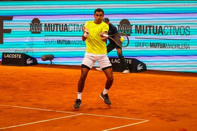 Mutua Madrid Open 2024: Thiago Monteiro Vs Stefanos Tsitsipas in Spain - 27 Apr 2024 Thiago Monteiro of Brazil plays against Stefanos Tsisipas ( not pictured ) of Greece on Day Six of the Mutua Madrid Open 2024 tournament at La Caja Magica. Final score; Thiago Monteiro 2:0 Stefanos Tsitsipas. Usera Spain Copyright: xMiguelxReisx xSOPAxImagesx Mutua Madrid Open MR -4823