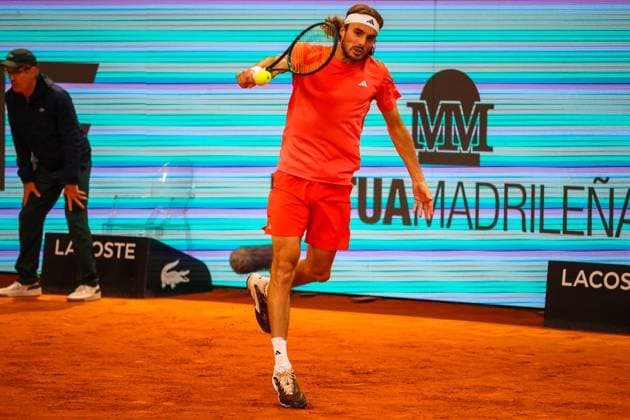 Mutua Madrid Open 2024: Thiago Monteiro Vs Stefanos Tsitsipas in Spain - 27 Apr 2024 Stefanos Tsisipas of Greece plays against Thiago Monteiro ( not picture ) of Brazil on Day Six of the Mutua Madrid Open 2024 tournament at La Caja Magica. Final score; Thiago Monteiro 2:0 Stefanos Tsitsipas. Usera Spain Copyright: xMiguelxReisx xSOPAxImagesx Mutua Madrid Open MR -4932