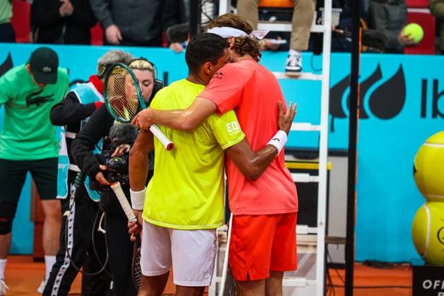 Mutua Madrid Open 2024: Thiago Monteiro Vs Stefanos Tsitsipas in Spain - 27 Apr 2024 Thiago Monteiro of Brazil and Stefanos Tsisipas of Greece seen during Day Six of the Mutua Madrid Open 2024 tournament at La Caja Magica. Final score; Thiago Monteiro 2:0 Stefanos Tsitsipas. Usera Spain Copyright: xMiguelxReisx xSOPAxImagesx Mutua Madrid Open MR -5183