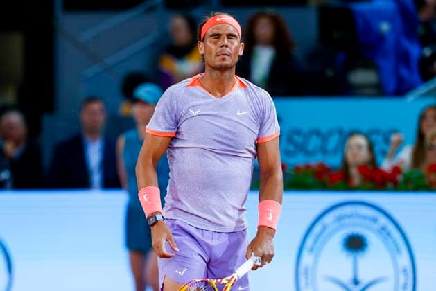 April 27, 2024, Madrid, Madrid, SPAIN: Rafael Nadal of Spain lamenting against Alex de Minaur of Australia during the Mutua Madrid Open 2024, ATP, Tennis Herren Masters 1000 and WTA, Tennis Damen 1000, tournament celebrated at Caja Magica on April 27, 2024 in Madrid, Spain. Madrid SPAIN - ZUMAa181 20240427_zaa_a181_028 Copyright: xIrinaxR.xHipolitox