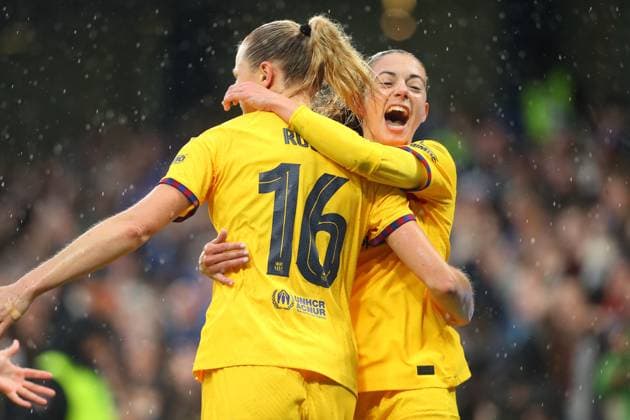 27th April 2024; Stamford Bridge, London, England: UEFA Womens Champions League Football, Semi Final, Second Leg, Chelsea versus Barcelona; Fridolina Rolfo of Barcelona celebrates her goal from a penalty kick with Aitana Bonmati in the 75th minute for 0-2 (1-2 aggregate).  ActionPlus12635700 KatiexChan