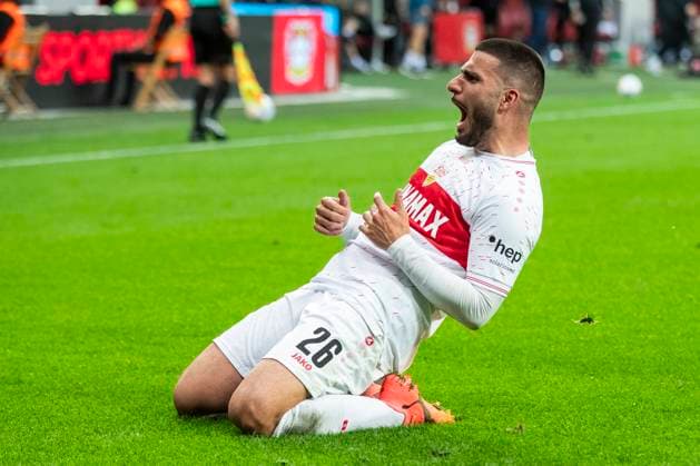 Deniz Undav VfB Stuttgart, 26 cheers after his goal to 0 2 Leverkusen, Soccer 1 Bundesliga 31 Matchday, Matchday 31, Bayer 04 Leverkusen VfB Stuttgart, 27 04 2024, BayArena, Leverkusen DFL regulations prohibit any use of photographs as image sequences and or quasi video Â
