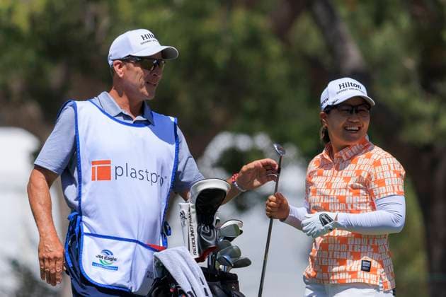 April 27, 2024, Los Angeles, California, USA: Nasa Hataoka celebrates with caddy after putting the ball on hole 15th for an eagle during Round 3 of the JM Eagle LA Championship presented by Plastpro on Saturday April 27, 2024 at the Wilshire Country Club in Los Angeles. Los Angeles U.S - ZUMAp124 20240427_zaa_p124_002 Copyright: xJavierxRojasx