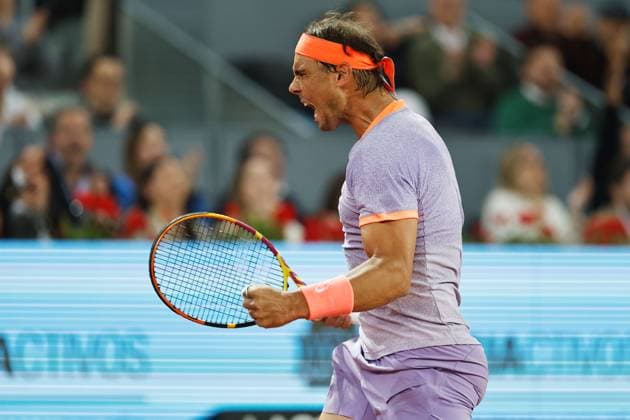 Rafael Nadal (ESP), APRIL 27, 2024 - Tennis : Rafael Nadal celebrate after point during singles round of 64 match against Alex De Minaur on the ATP, Tennis Herren tour Masters 1000 Mutua Madrid Open tennis tournament at the Caja Magica in Madrid, Spain. Noxthirdxpartyxsales  (251465703)